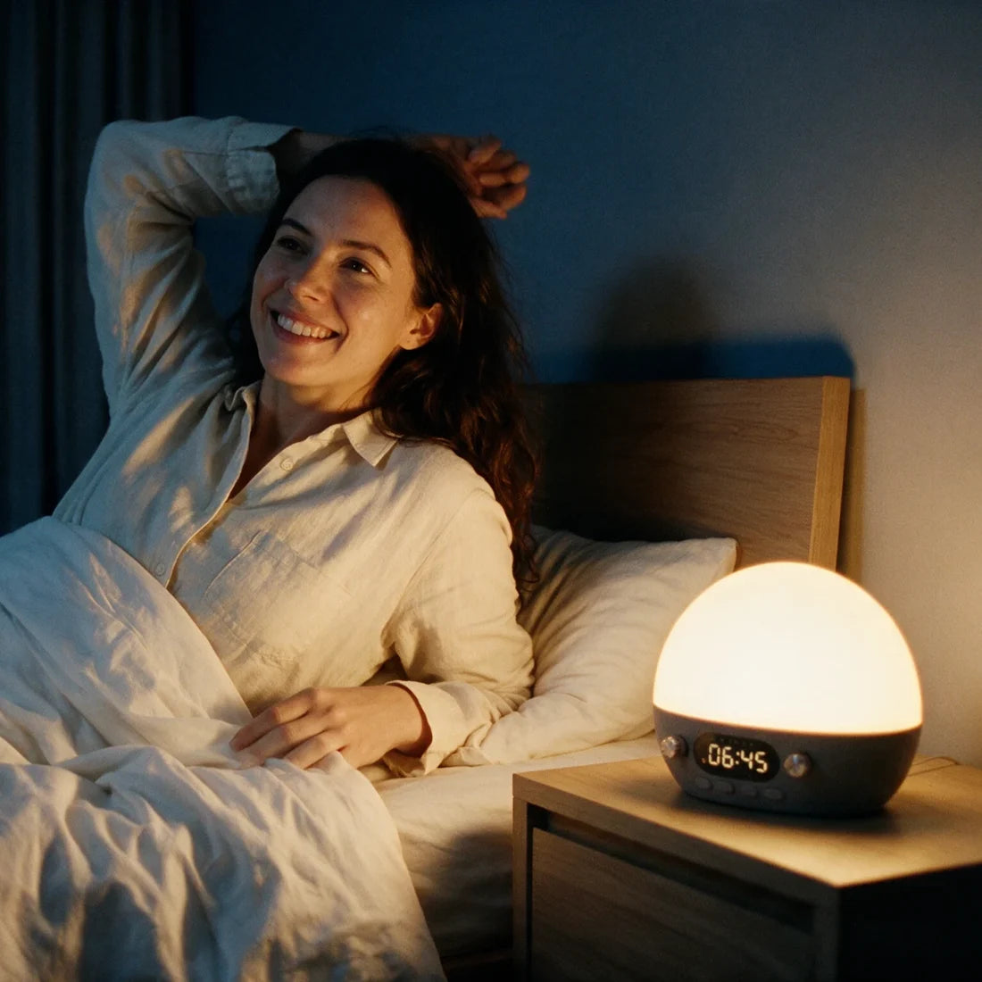 À 06:45, elle est réveillée, calme, la chambre éclairée par la lumière dorée du réveil