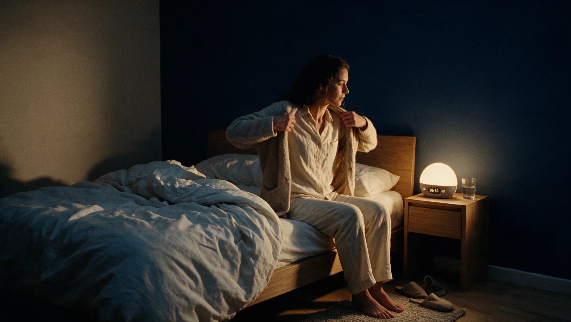 Un matin d'hiver, une femme enfile un gilet au bord du lit, la chambre éclairée par la lumière dorée du réveil
