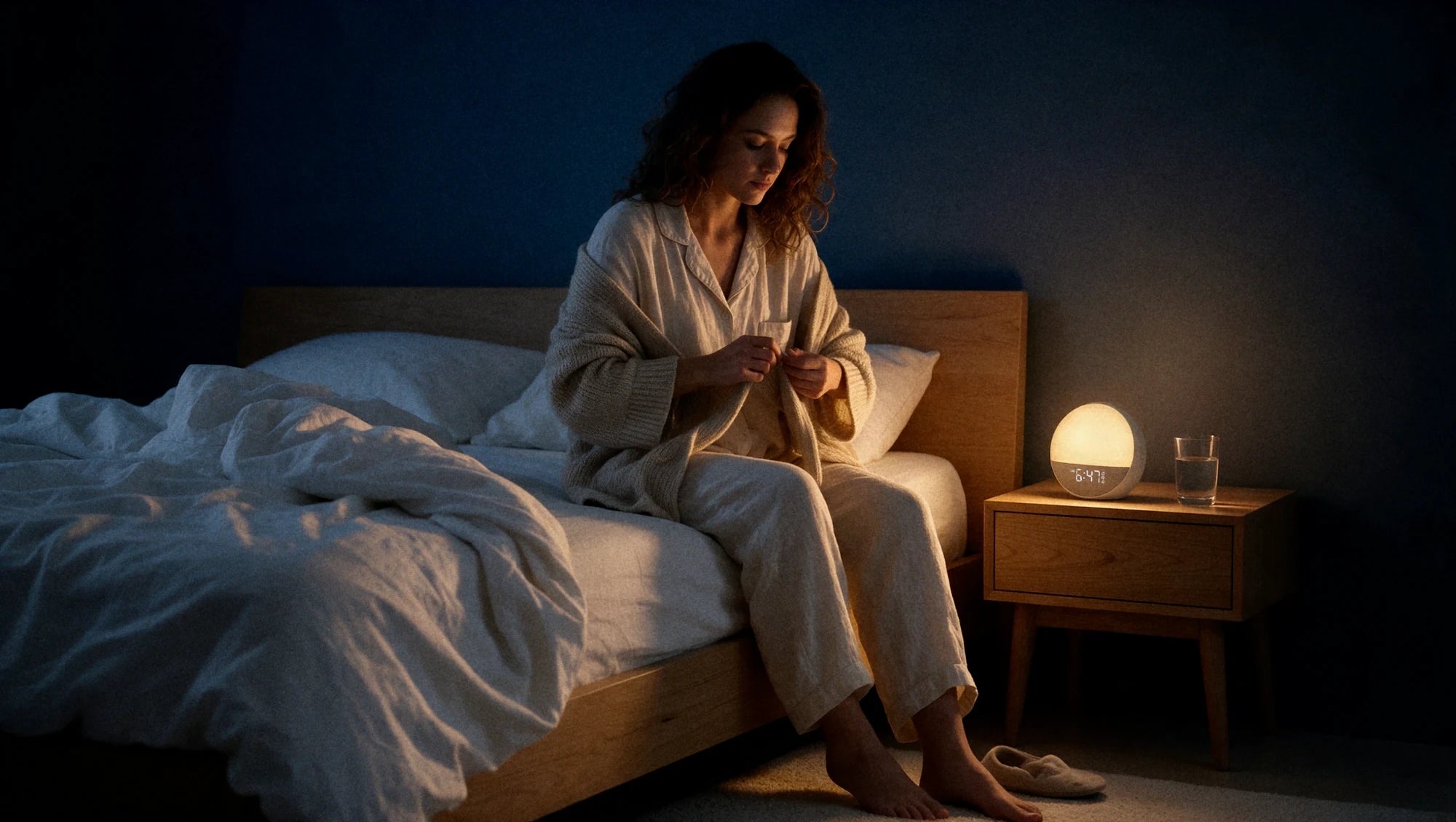 Au petit matin, une jeune femme enfile un gilet au bord de son lit, éclairée par le réveil Galet posé sur la table de nuit