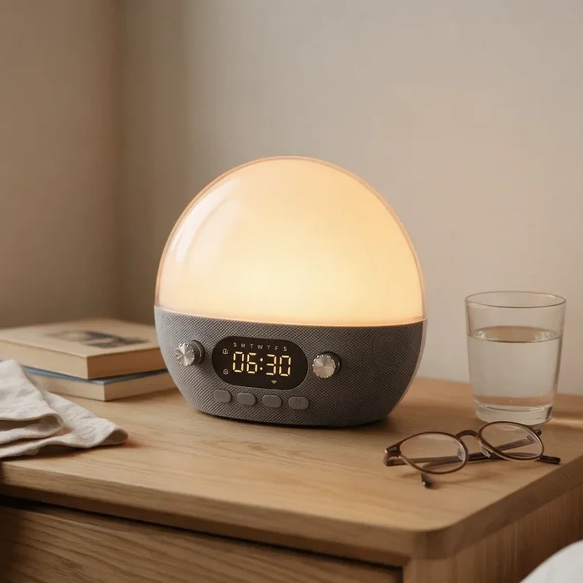 Le Réveil Horizon allumé sur une table de nuit en chêne