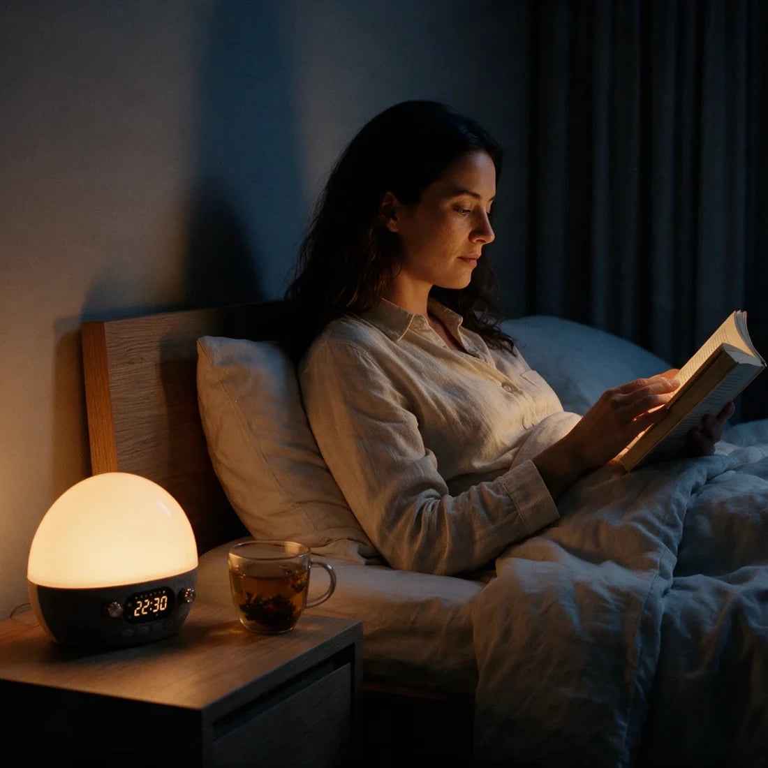 Une femme lit au lit à 22:30, éclairé par la lumière ambrée du réveil