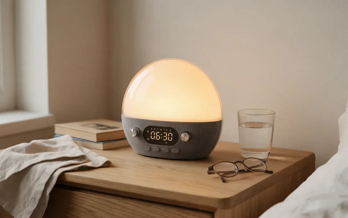 Le réveil simulateur d'aube allumé sur une table de nuit en chêne, à côté de livres, d'un verre d'eau et de lunettes