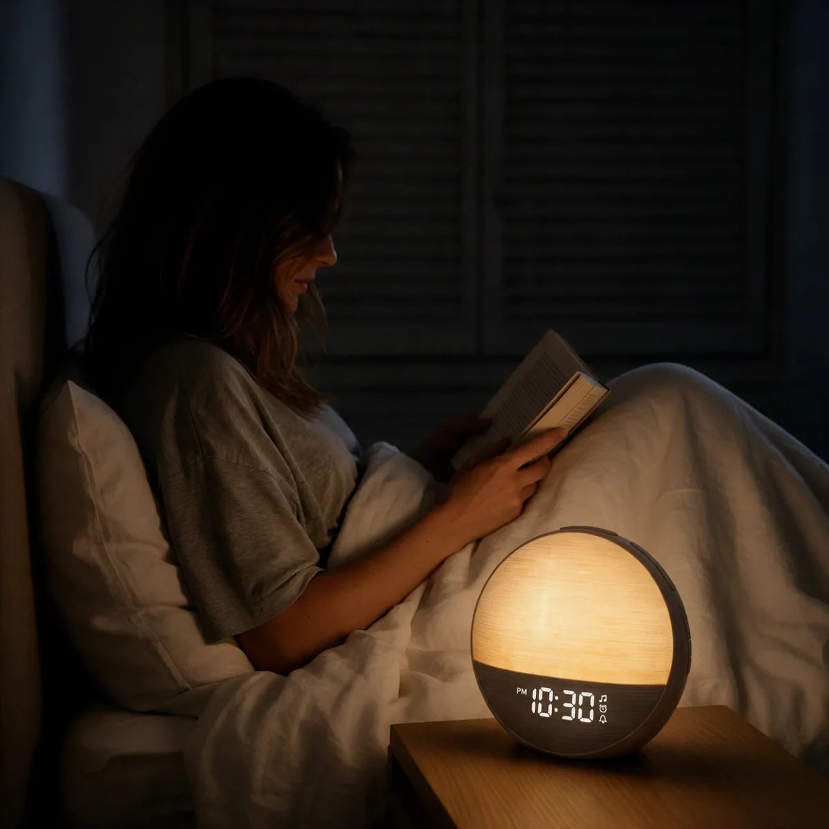 Une jeune femme lit au lit le soir, éclairée par le réveil Galet