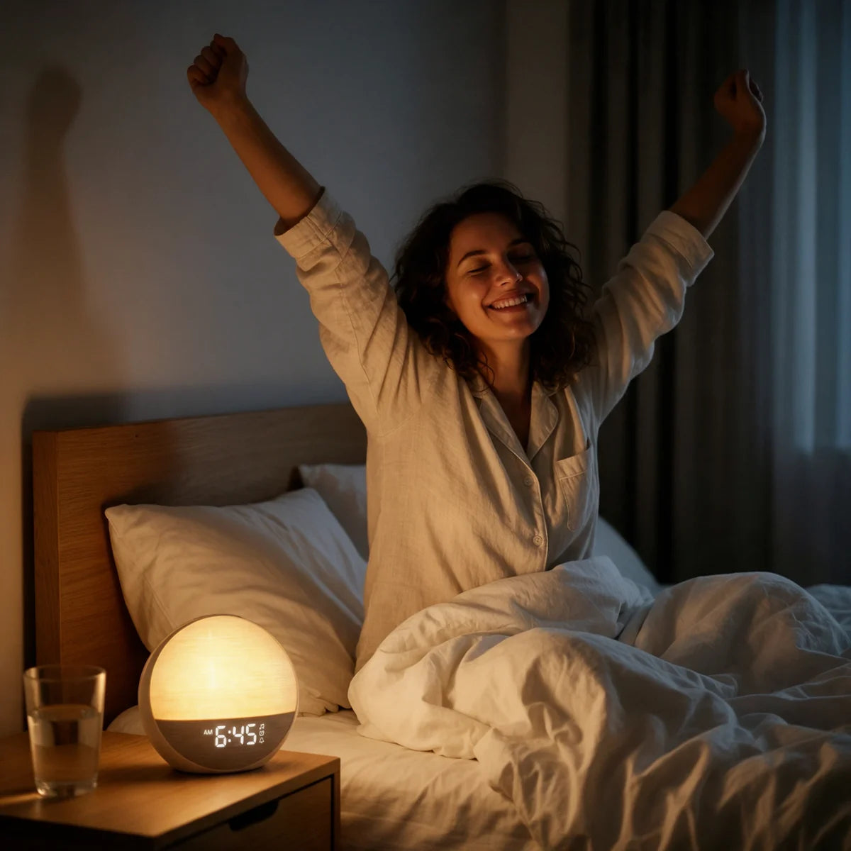 Une jeune femme s'étire en souriant dans son lit à 6:45, éclairée par le réveil Galet