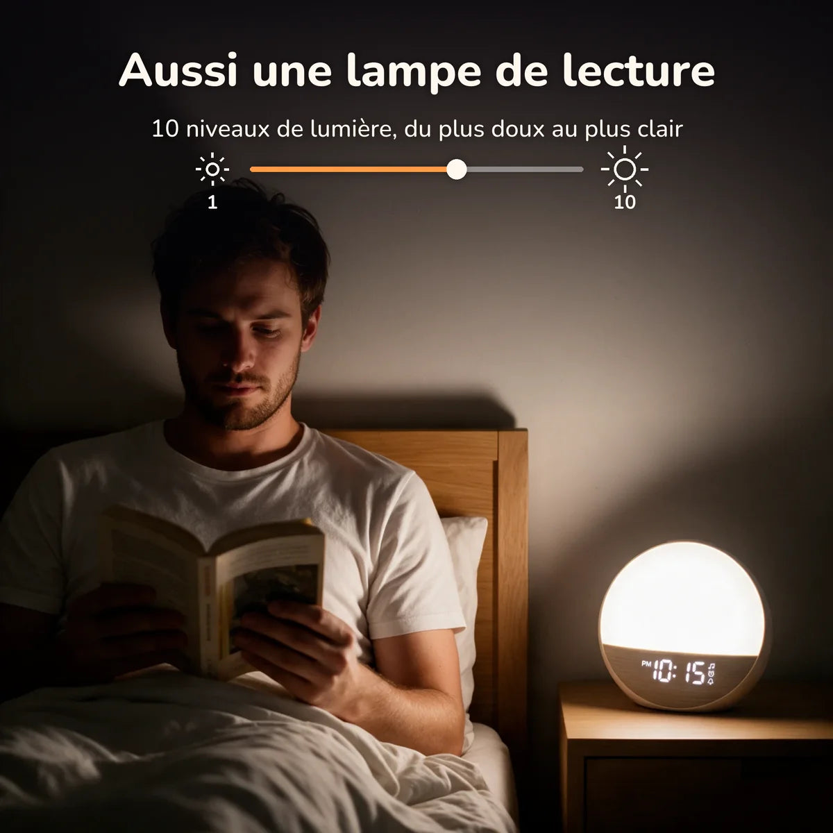 Infographie : aussi une lampe de lecture, 10 niveaux de lumière du plus doux au plus clair