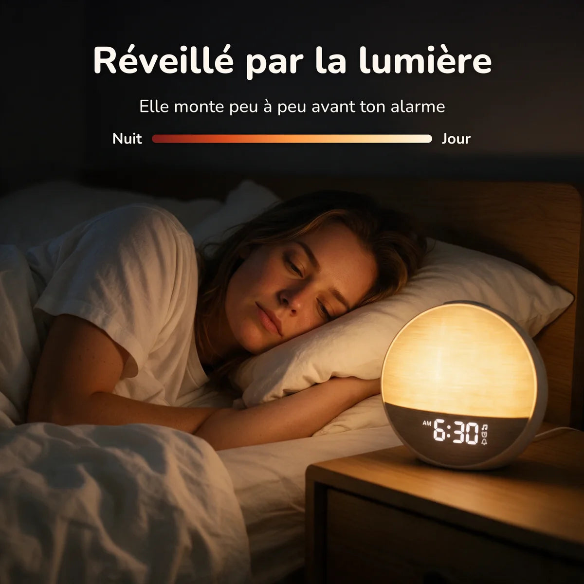 Infographie : réveillé par la lumière, elle monte peu à peu avant l'alarme
