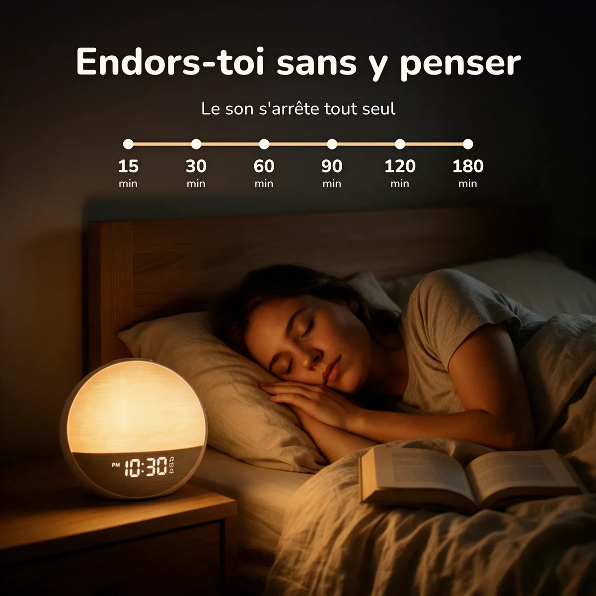 Infographie : minuterie de 15 à 180 minutes, le son s'arrête tout seul