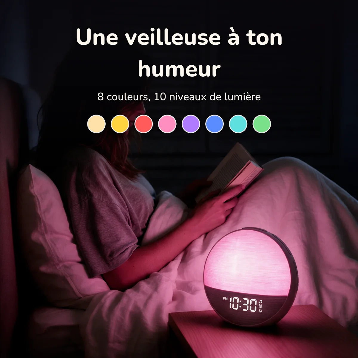 Infographie : une veilleuse en 8 couleurs et 10 niveaux de lumière