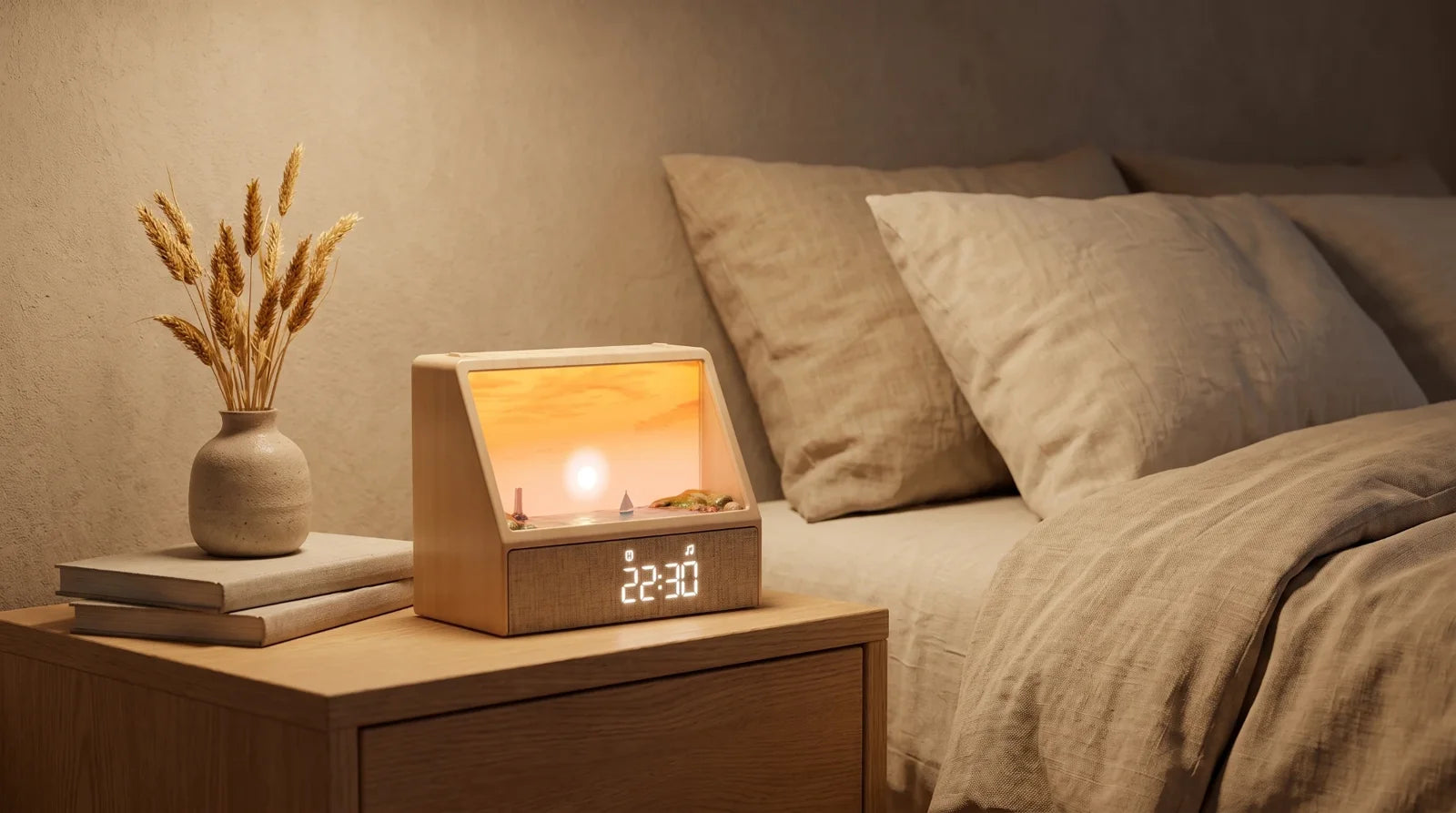 Le Réveil Rivage sur une table de nuit, à côté d'un vase